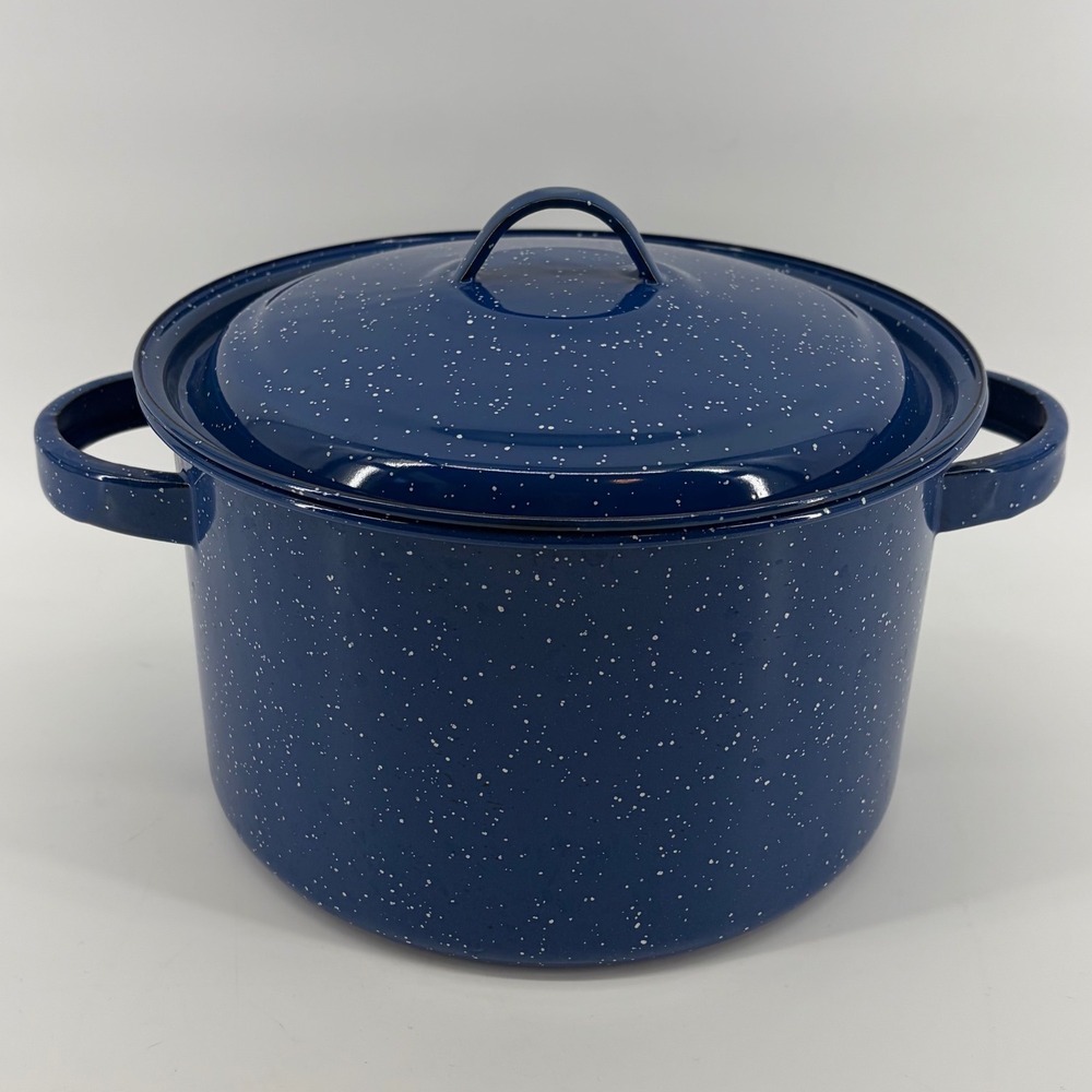 Blue Speckled Enamel Stock Pot with Lid Vintage Splatterware Camping Cookware